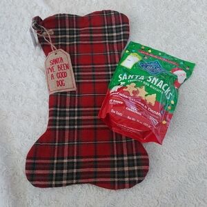 Red Plaid Bone Shaped Christmas Stocking and Blue Buffalo Dog Treats Snacks